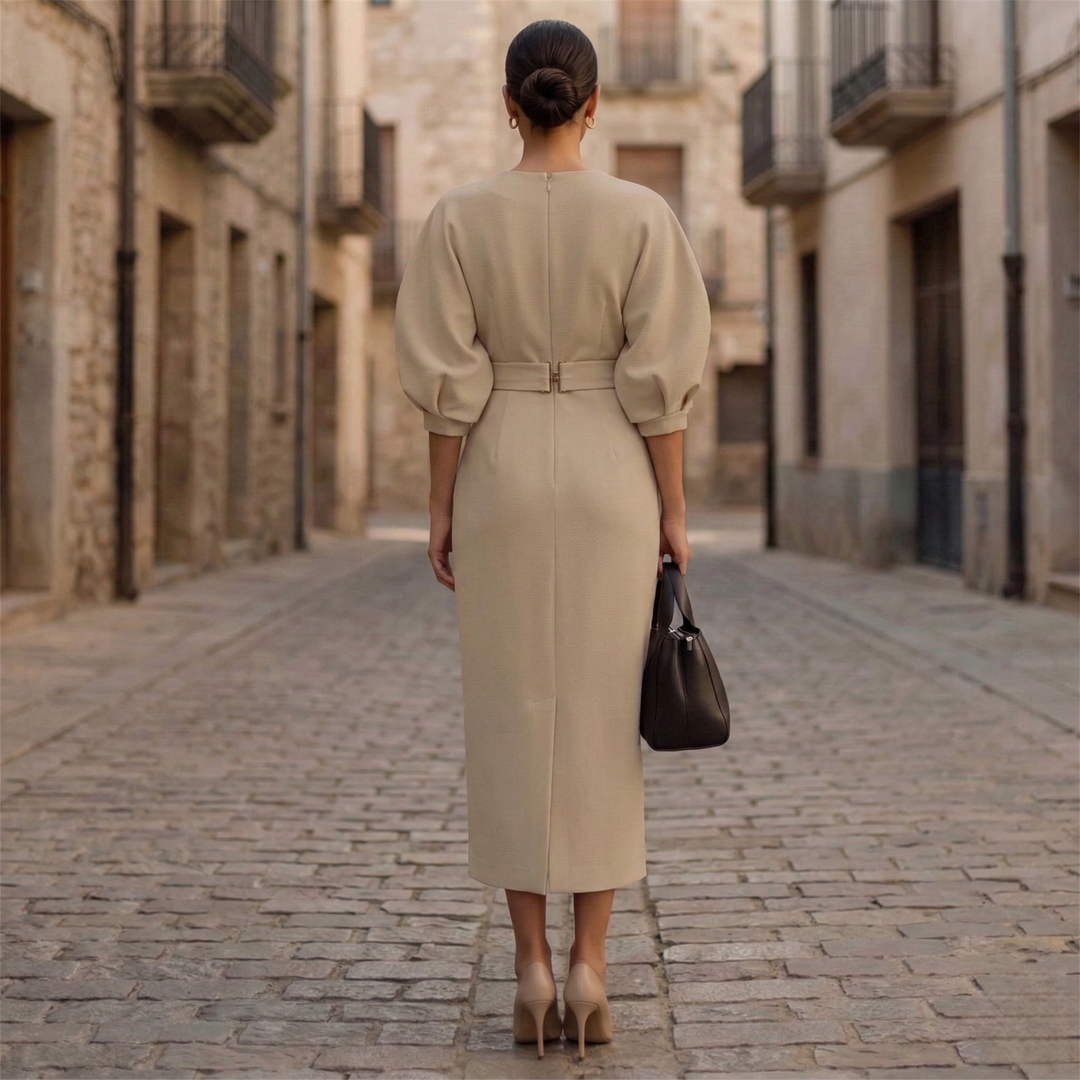 Versatile women's midi dress, belted with stylish bishop sleeves. An elegant V-neck design for spring and summer fashion.