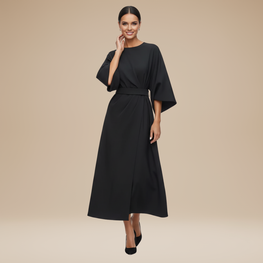 Formal evening dress: sophisticated belted midi style