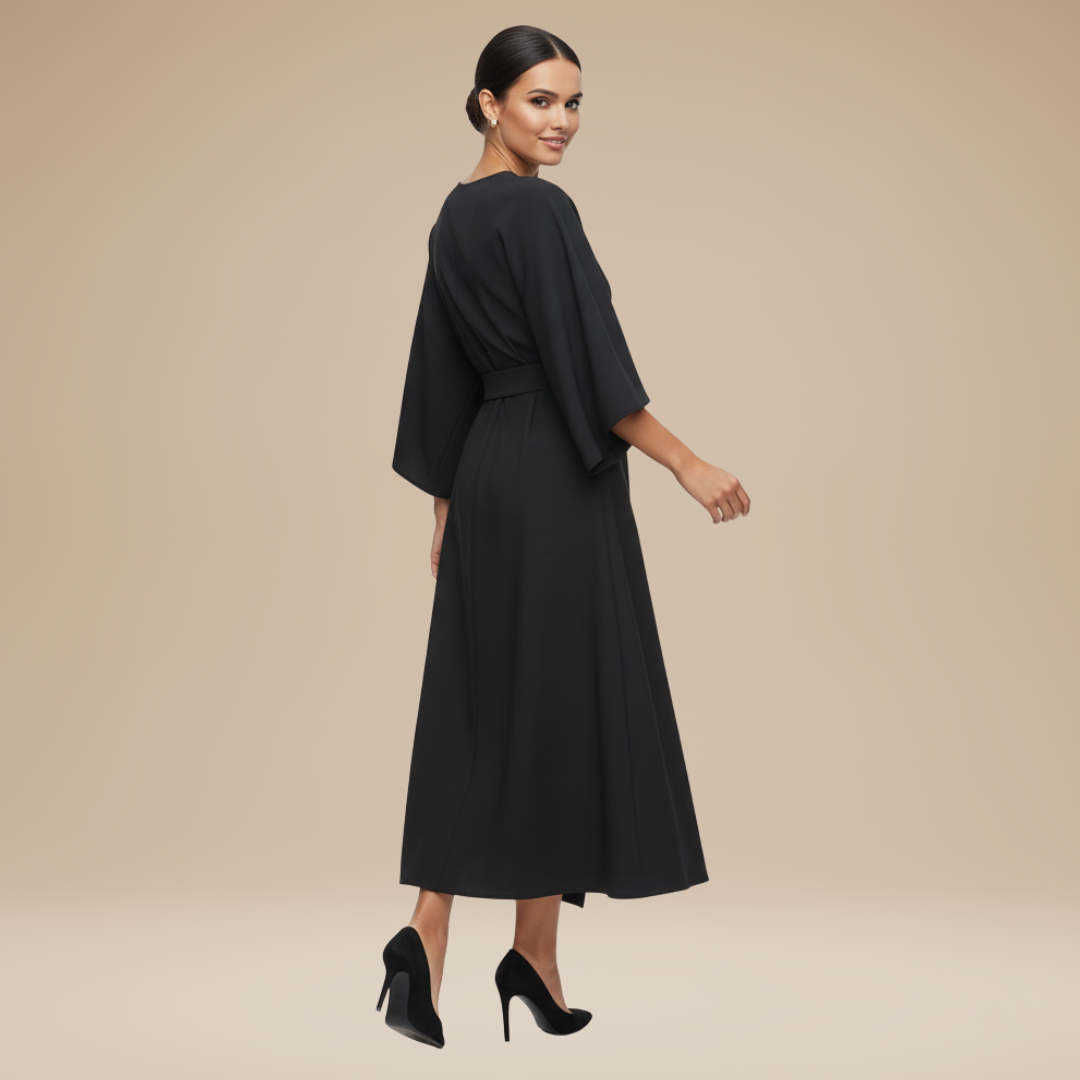 Timeless women's belted midi dress, an essential wardrobe piece