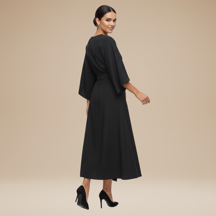 Timeless women's belted midi dress, an essential wardrobe piece