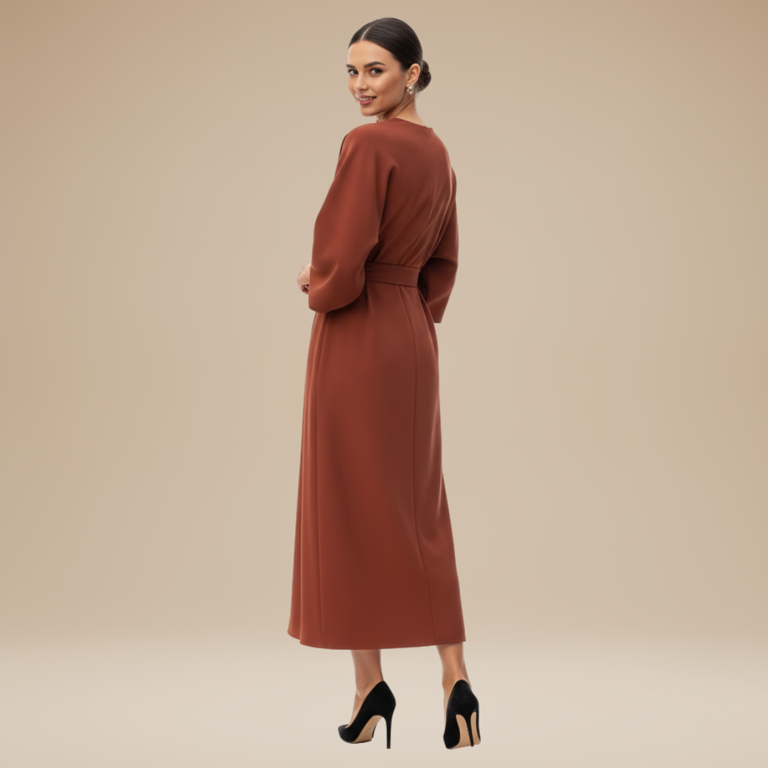 Satin finish belted midi wrap dress, luxurious and stylish