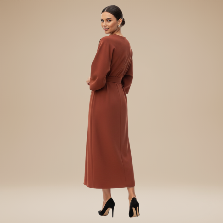 Satin finish belted midi wrap dress, luxurious and stylish