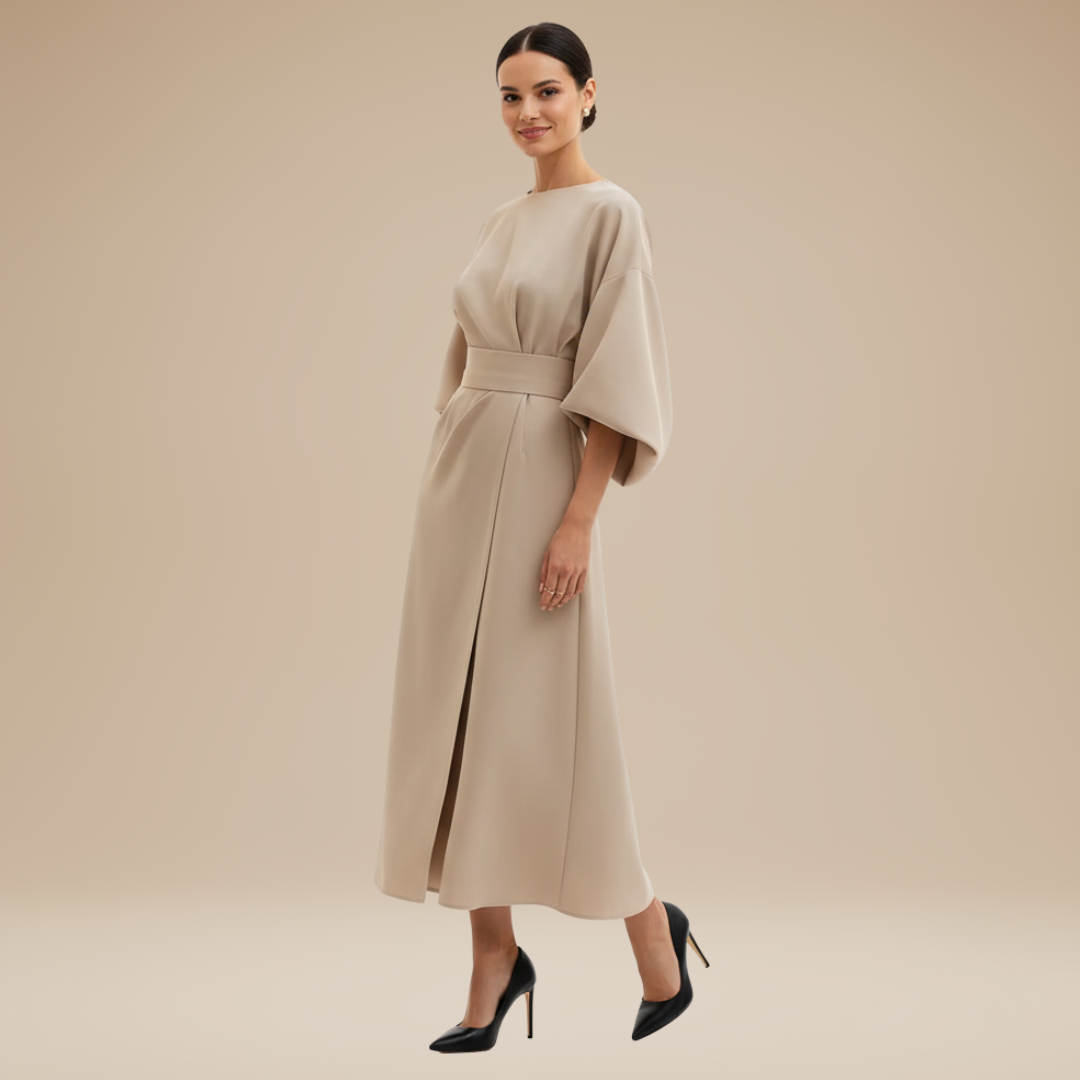 Versatile women's fashion: belted midi dress for day or night
