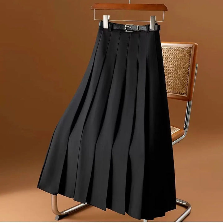 Sophisticated women's A-line midi skirt, belted with pleats. Versatile for workwear & elegant events.