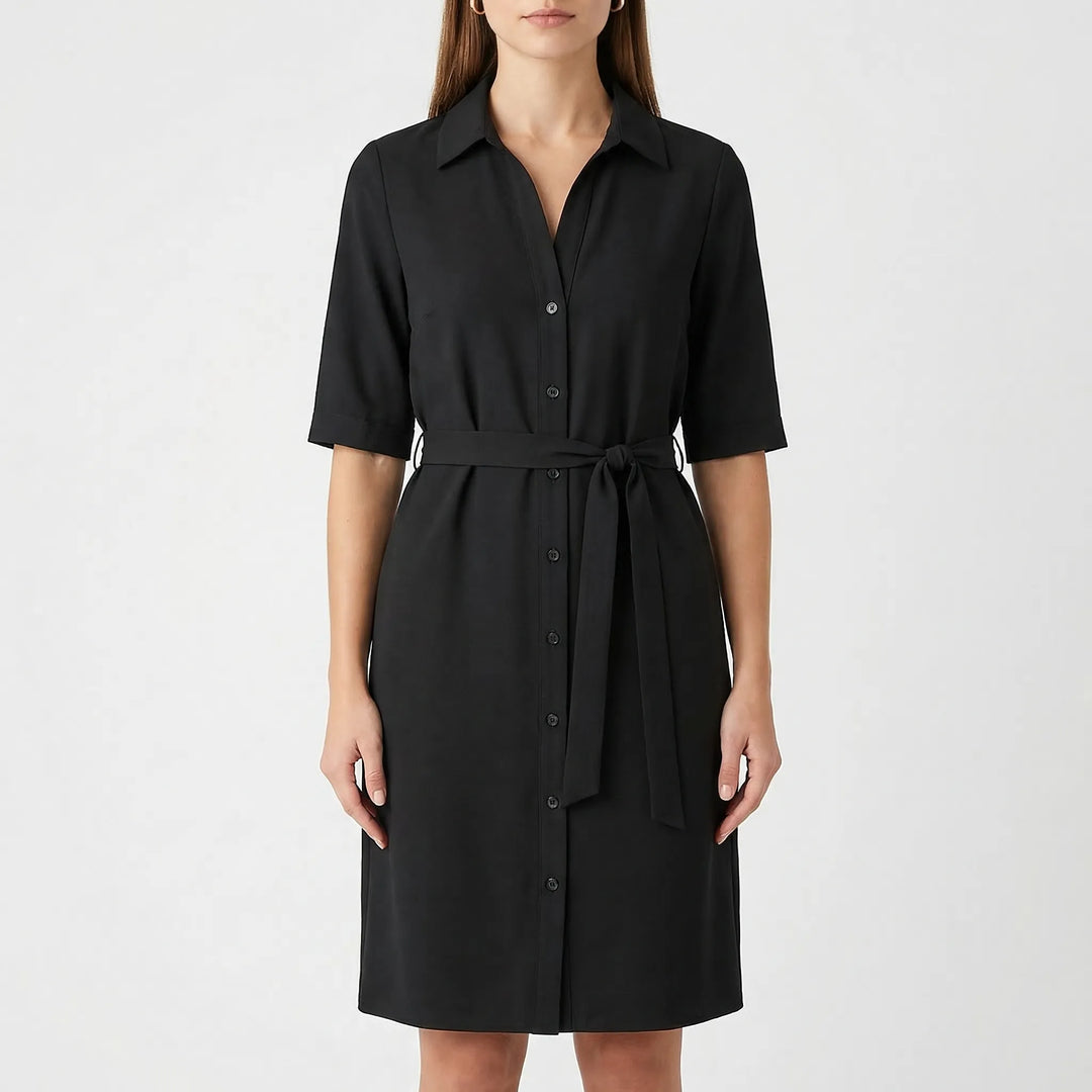 Versatile women's half-sleeve belted shirt dress. Comfortable and stylish for day, office, or elegant summer outings.