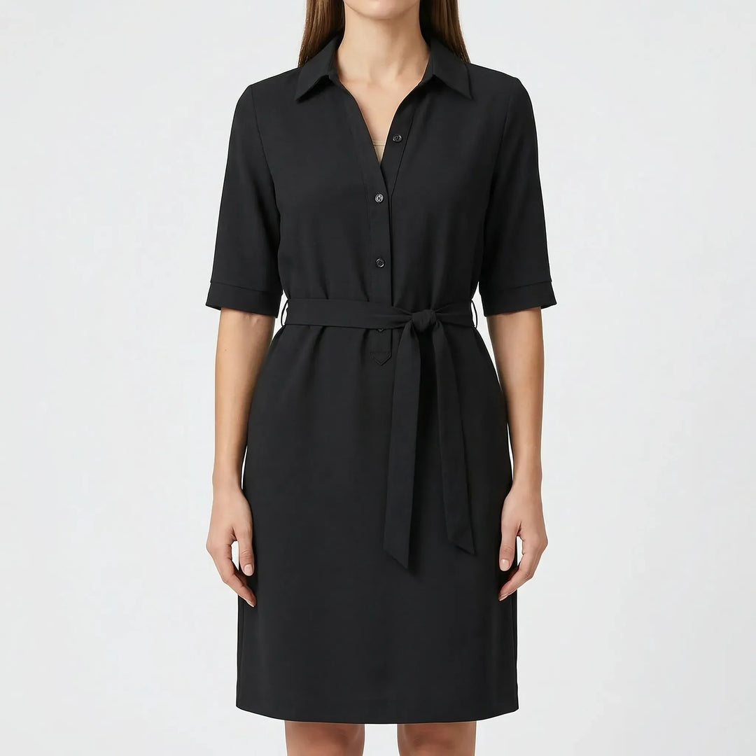 Comfortable women's elegant belted shirt dress, half sleeves. A stylish choice for spring office or casual summer fashion.