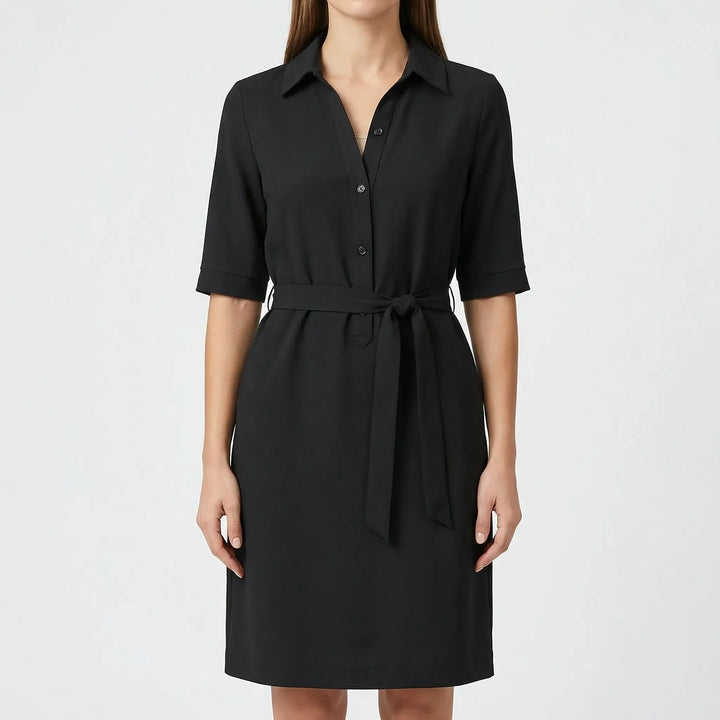 Comfortable women's elegant belted shirt dress, half sleeves. A stylish choice for spring office or casual summer fashion.