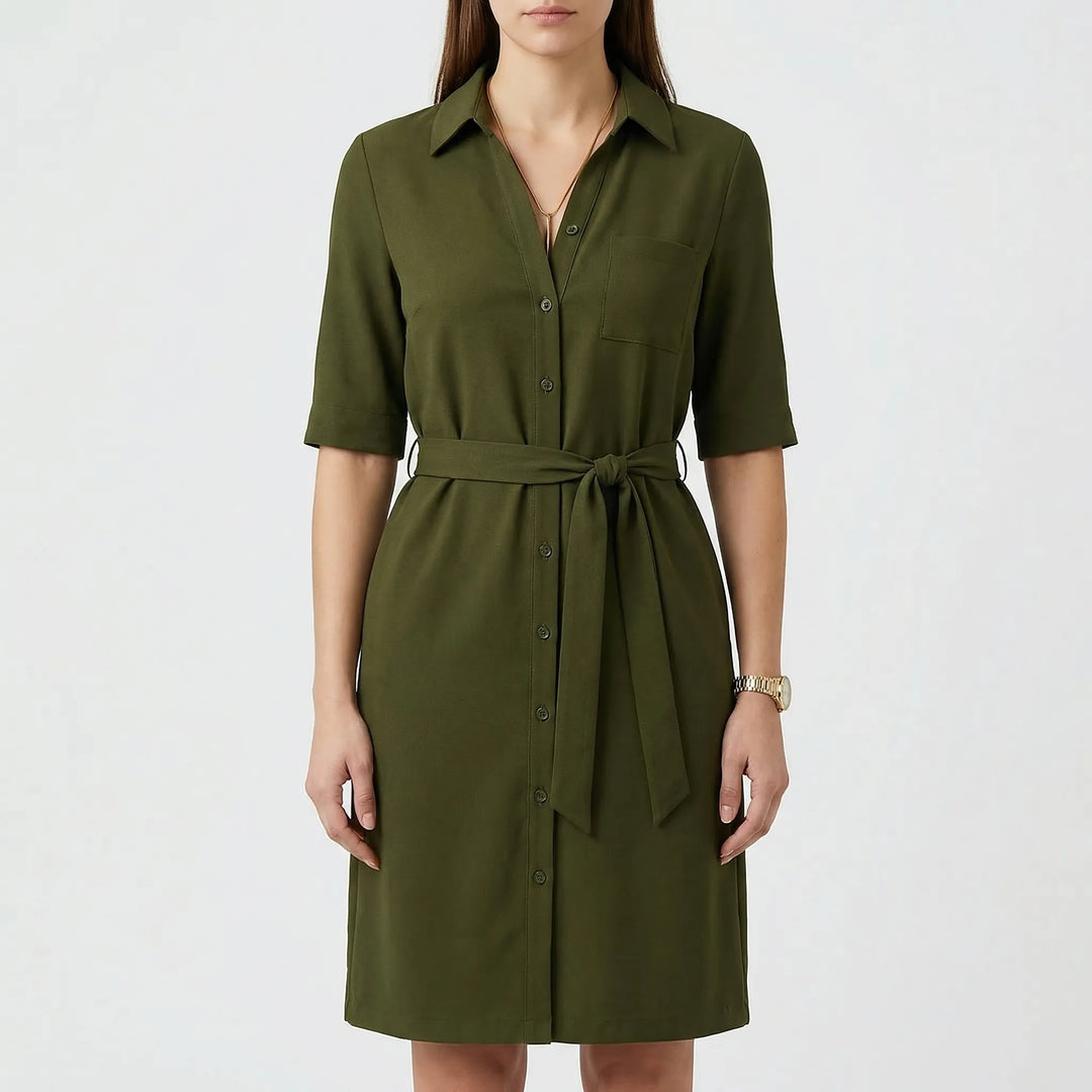 Stylish women's half-sleeve shirt dress with elegant belt detail. Perfect for spring fashion, casual, or office settings.