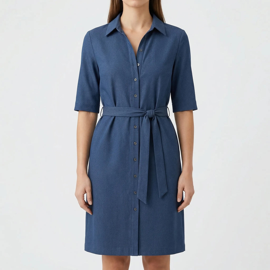 Women's elegant and casual belted shirt dress with half sleeves, a versatile spring/summer fashion essential.