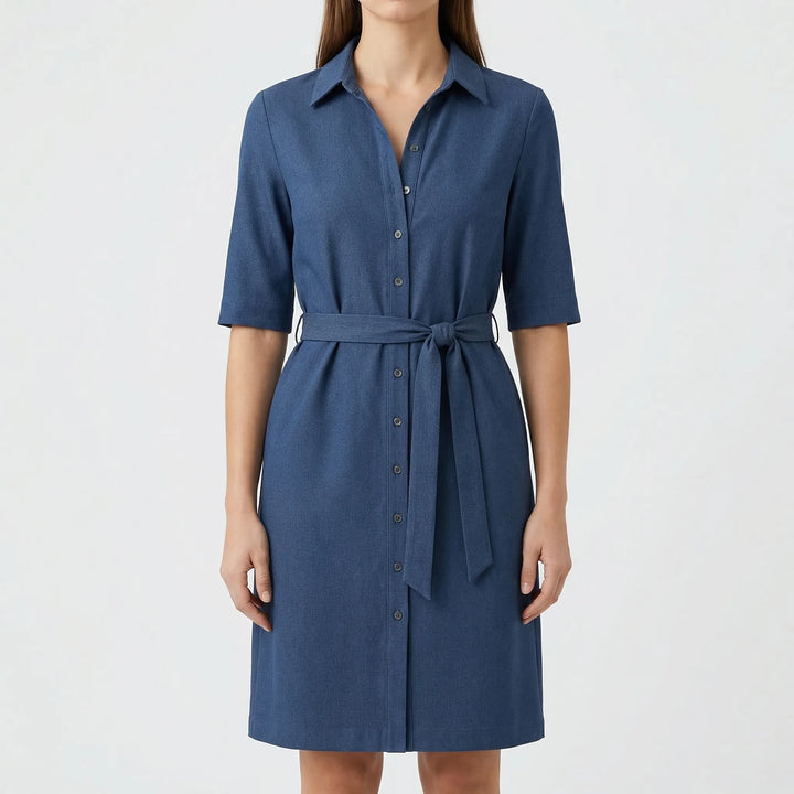 Women's elegant and casual belted shirt dress with half sleeves, a versatile spring/summer fashion essential.
