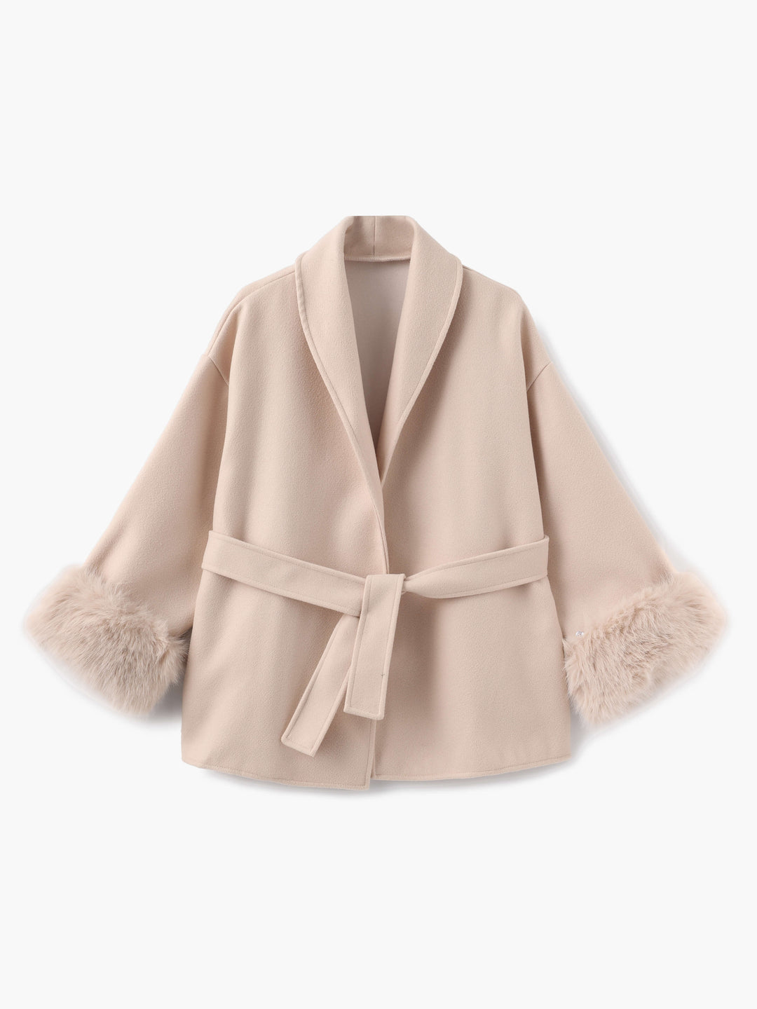 Women's elegant outerwear: belted wrap coat with a wide shawl collar & plush faux fur cuffs.