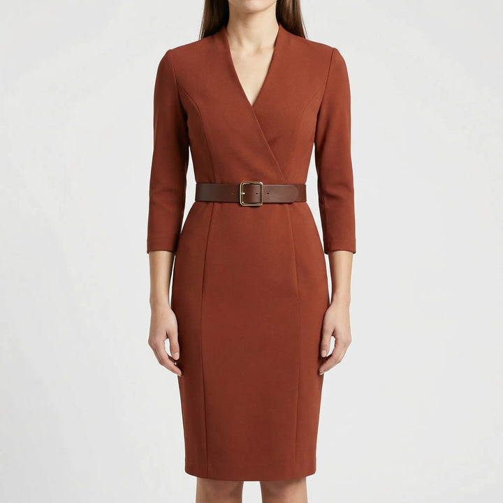 Women's elegant belted wrap midi dress. Long sleeves & V-neck make it perfect for work, fall, or spring style.