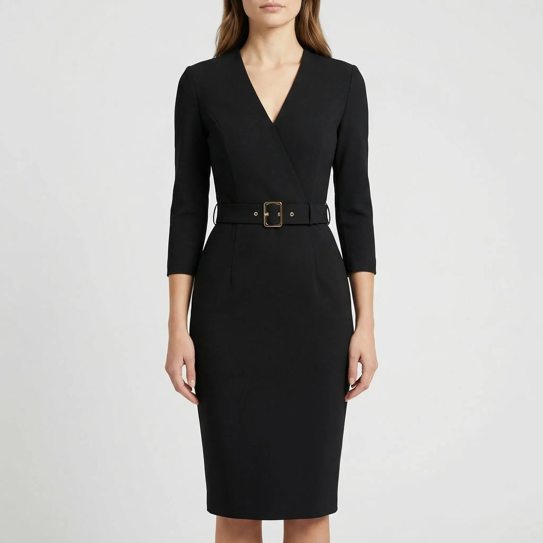 Professional women's belted wrap midi dress, perfect workwear or sophisticated fall/spring fashion.