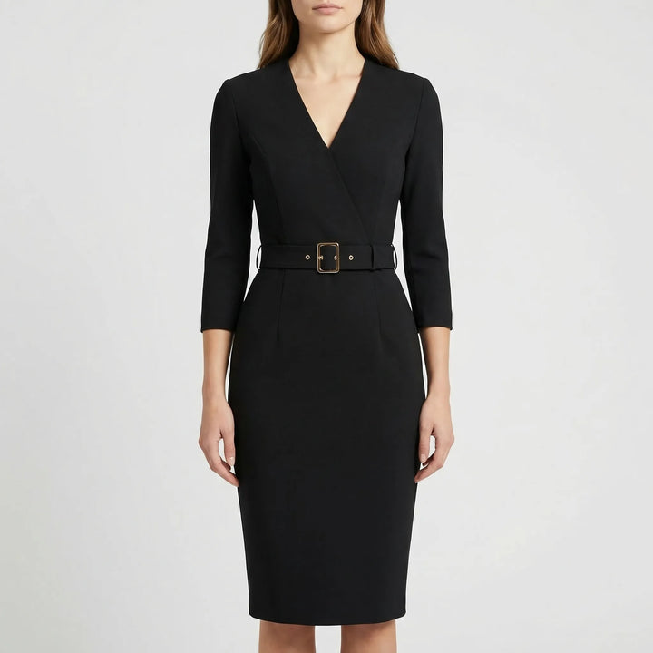 Professional women's belted wrap midi dress, perfect workwear or sophisticated fall/spring fashion.