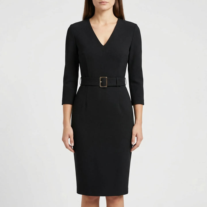 Flattering women's belted wrap midi dress. Sophisticated long sleeve, V-neck design for elegant style.