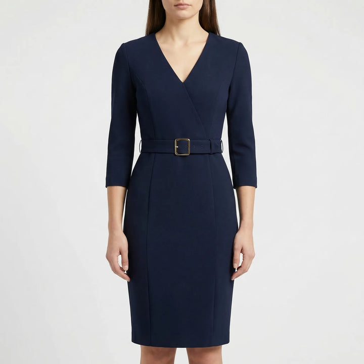 Versatile women's belted wrap midi dress. Ideal for work, cocktail parties, or sophisticated spring/fall wear.