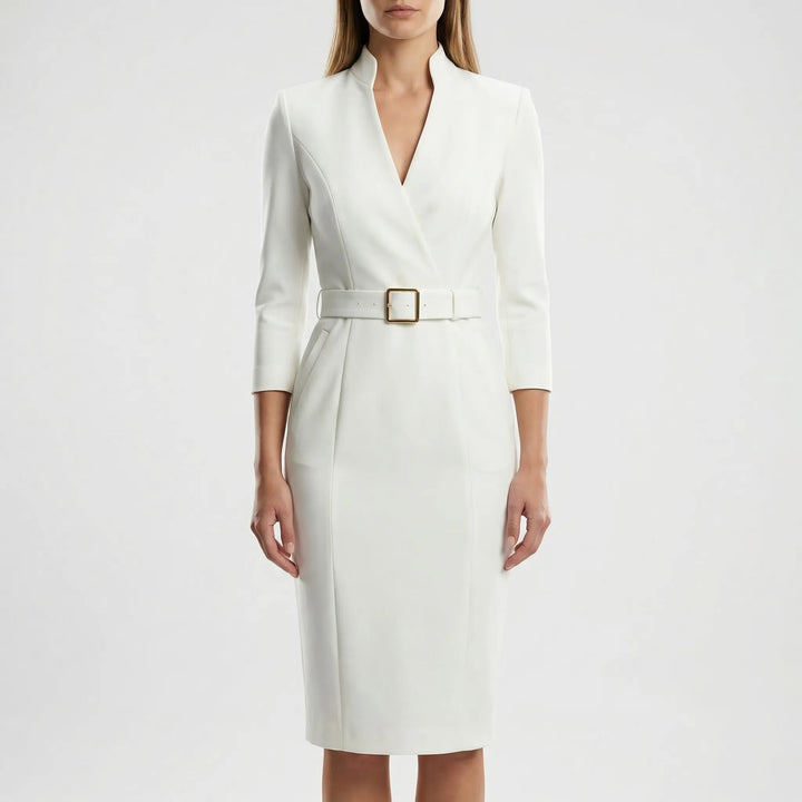 Effortless style women's belted wrap midi dress. Comfortable long-sleeve V-neck for professional elegance.