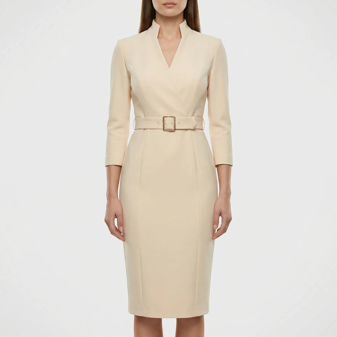 Chic women's long-sleeve V-neck belted wrap midi dress. Perfect for fall/spring professional or elegant events.