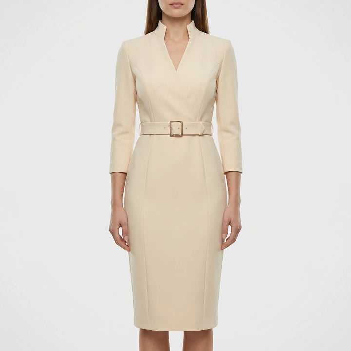Chic women's long-sleeve V-neck belted wrap midi dress. Perfect for fall/spring professional or elegant events.