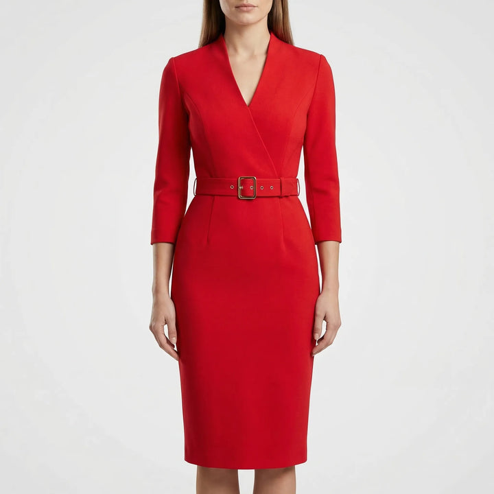 Modern women's belted wrap midi dress. Chic long-sleeve, V-neck design for versatile professional fashion.