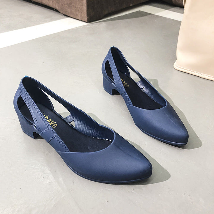 Chic cutout block heel pumps for women, versatile for dress shoes or comfortable office wear.
