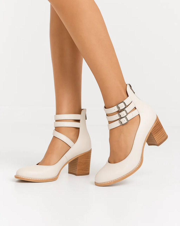 Fashionable women's block heel pumps with elegant ankle straps, suitable for office, party & formal events.
