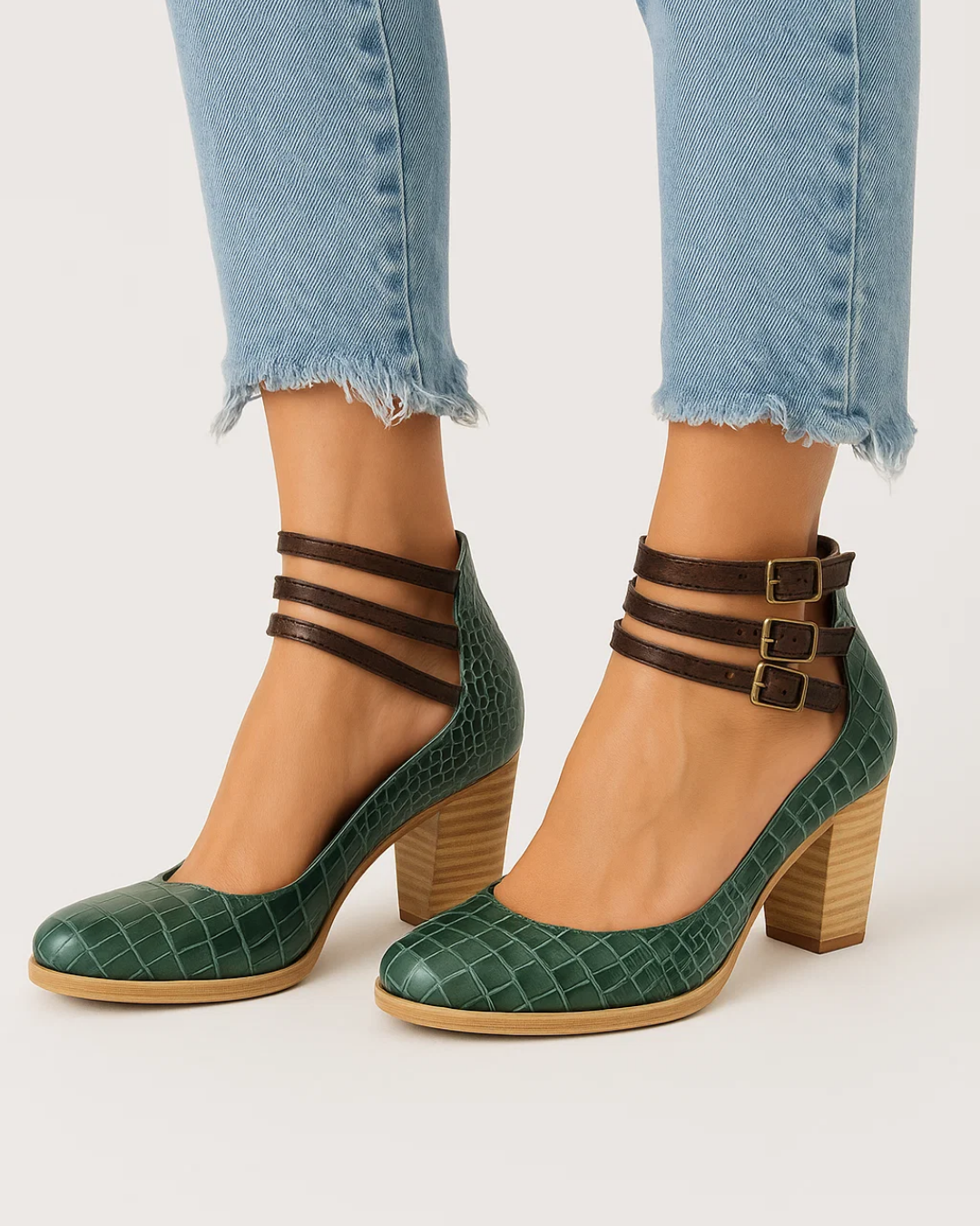 Stylish women's black block heel pumps with comfortable ankle straps, designed for elegance & all-day wear.