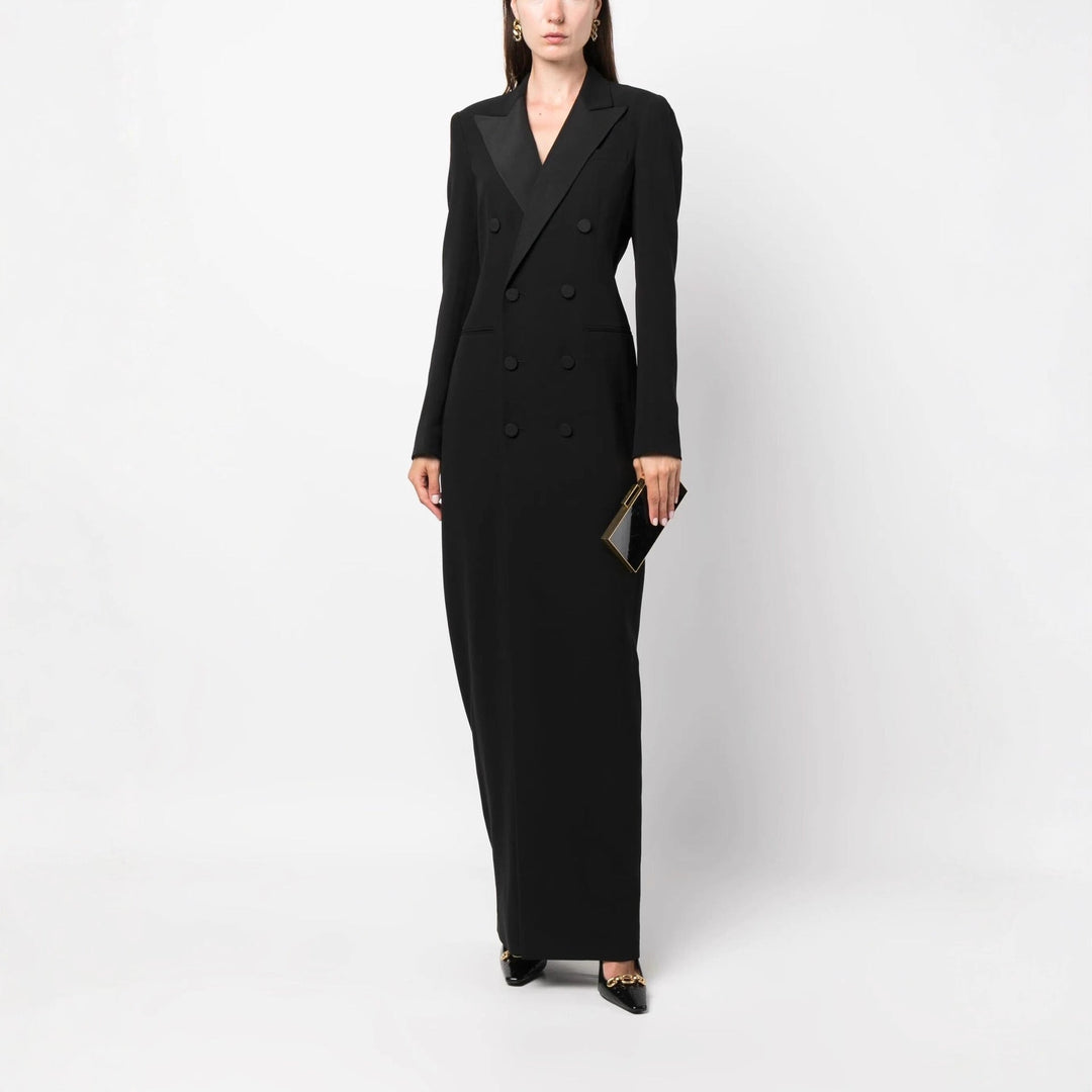 Elegant women's black double-breasted blazer style maxi dress with tailored fit, perfect for formal events & workwear.