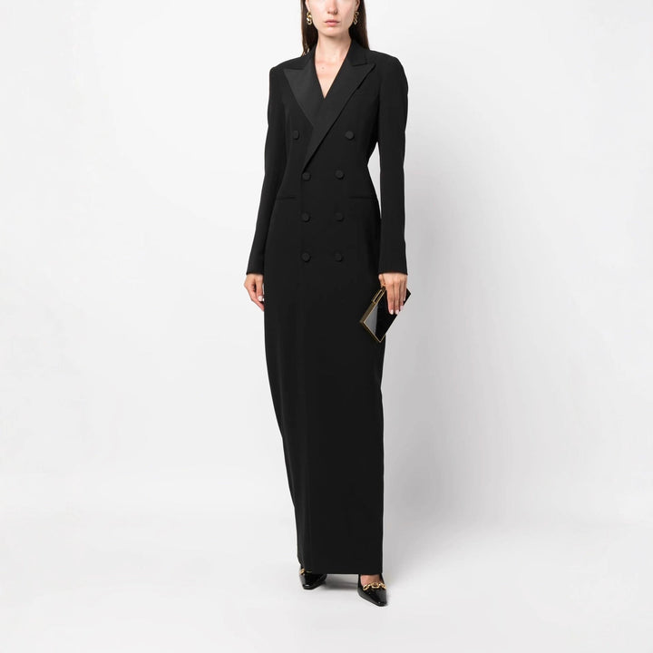 Elegant women's black double-breasted blazer style maxi dress with tailored fit, perfect for formal events & workwear.