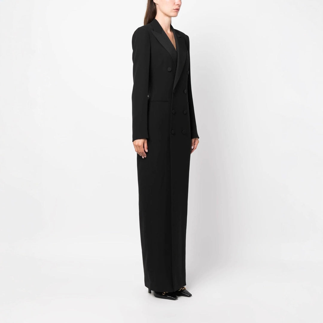Sophisticated women's long sleeve maxi dress, a blazer-style evening gown ideal for formal events and work.