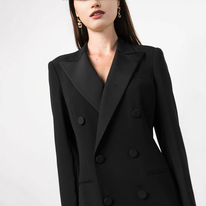 Fashionable women's double-breasted maxi dress, blazer style. Elegant and versatile for work, formal, or evening wear.