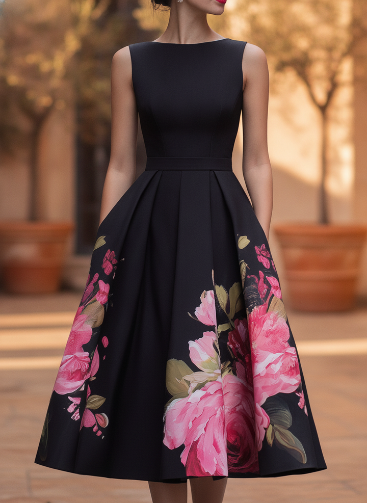 Elegant women's black floral sleeveless midi dress with draped detailing, perfect for evening occasions & wedding guests.