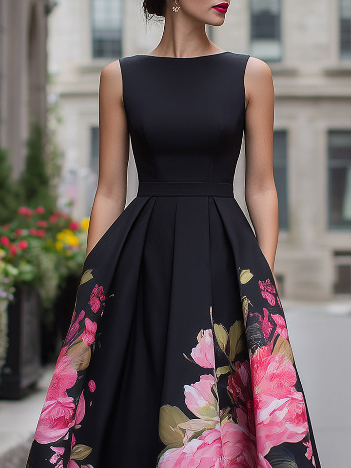 Stunning black floral sleeveless midi dress for women, an elegant choice for parties, evening wear & wedding guests.