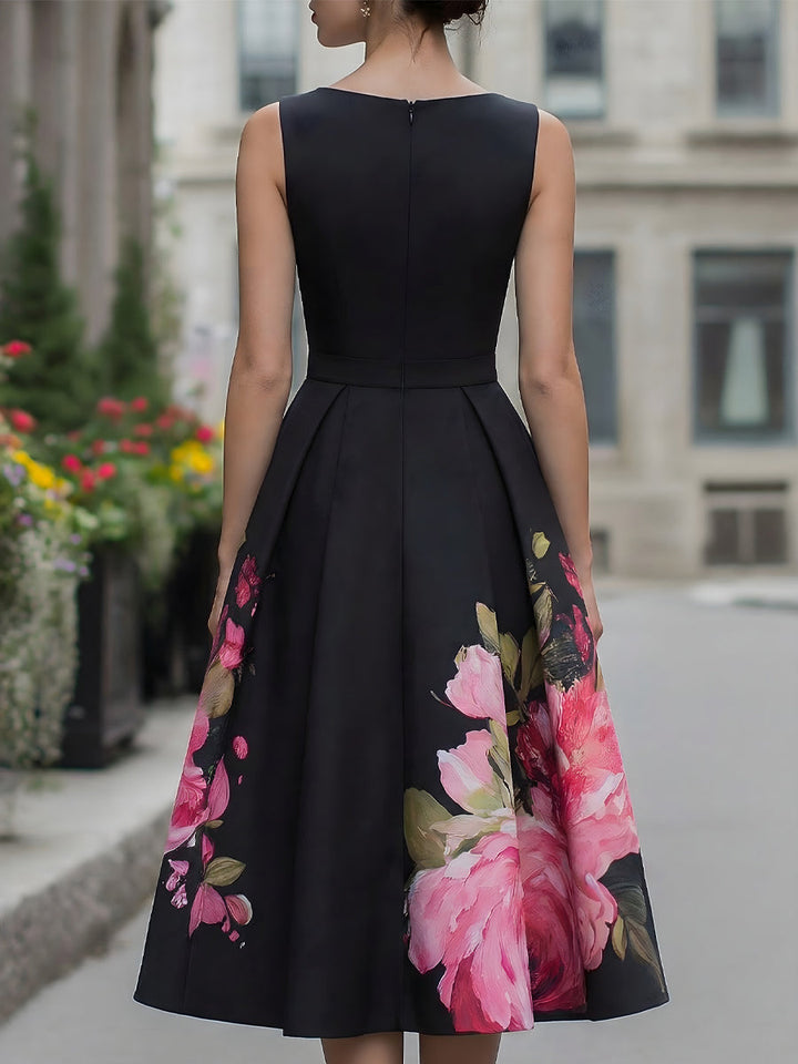 Beautiful A-line floral midi dress for women, a draped sleeveless style perfect for formal events & evening wear.