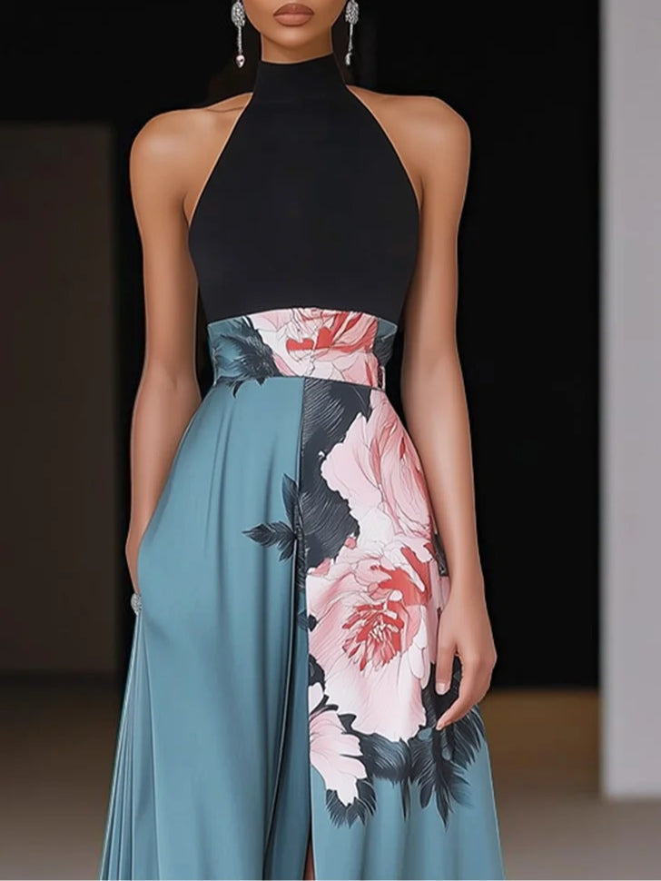 Stunning floral print halter neck maxi dress, an elegant long gown for women attending weddings or special evening events.