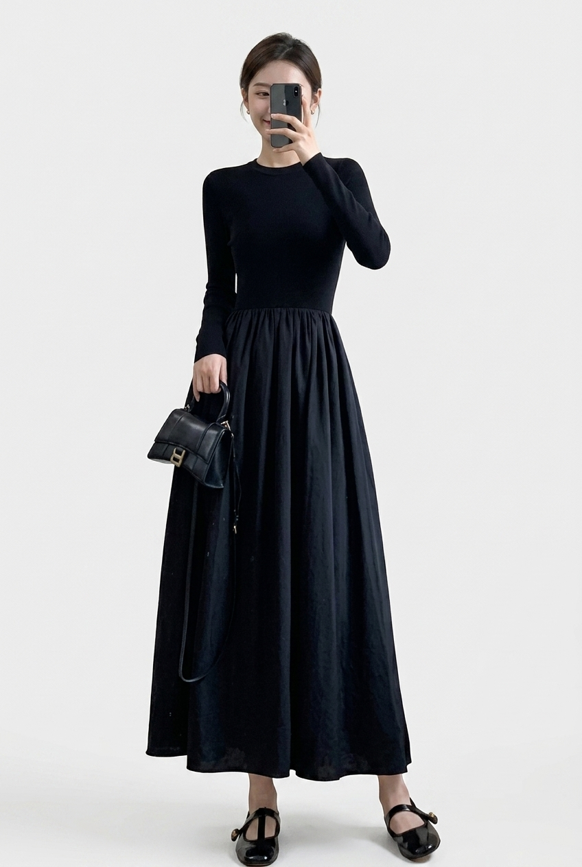 Elegant women's black high neck long sleeve knit top & textured geometric midi skirt set. Versatile two-piece.