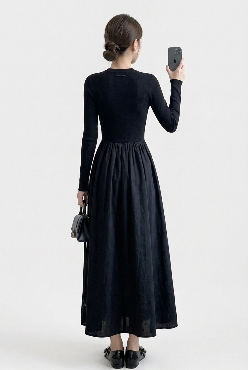 Chic women's black high neck top & textured midi skirt set. Perfect for formal wear or casual chic occasions.