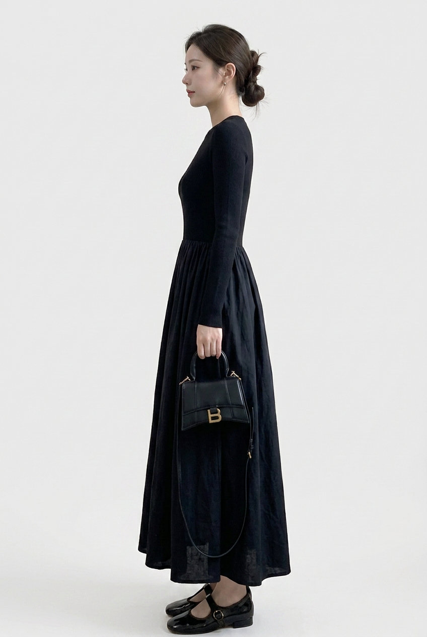 Stylish women's black long sleeve high neck knit top & geometric textured midi skirt set for versatile fashion.