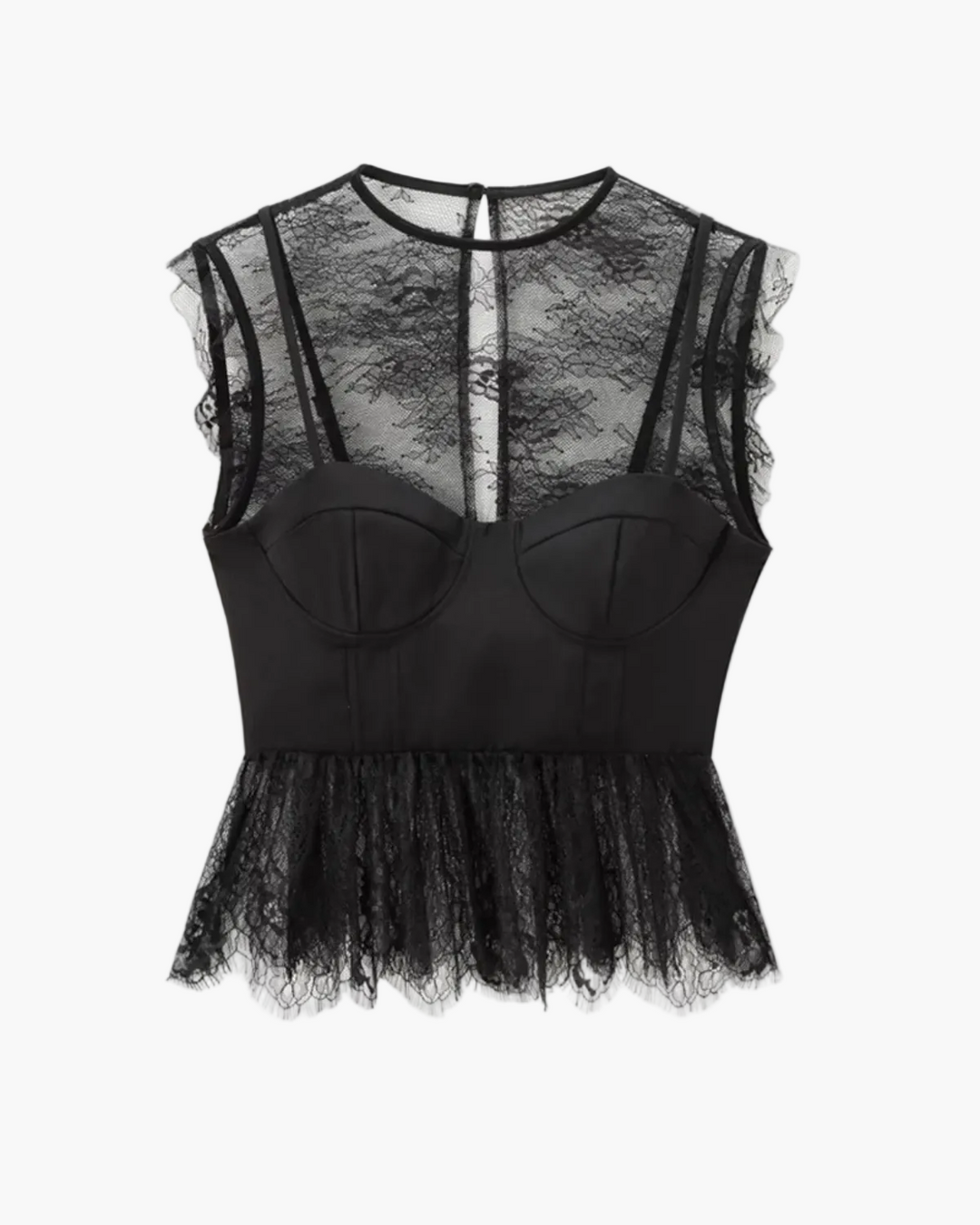 Elegant women's black lace trim corset peplum top, perfect for evening wear & parties. Chic romantic blouse fashion.