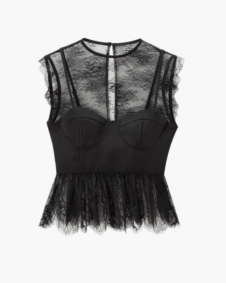Elegant women's black lace trim corset peplum top, perfect for evening wear & parties. Chic romantic blouse fashion.