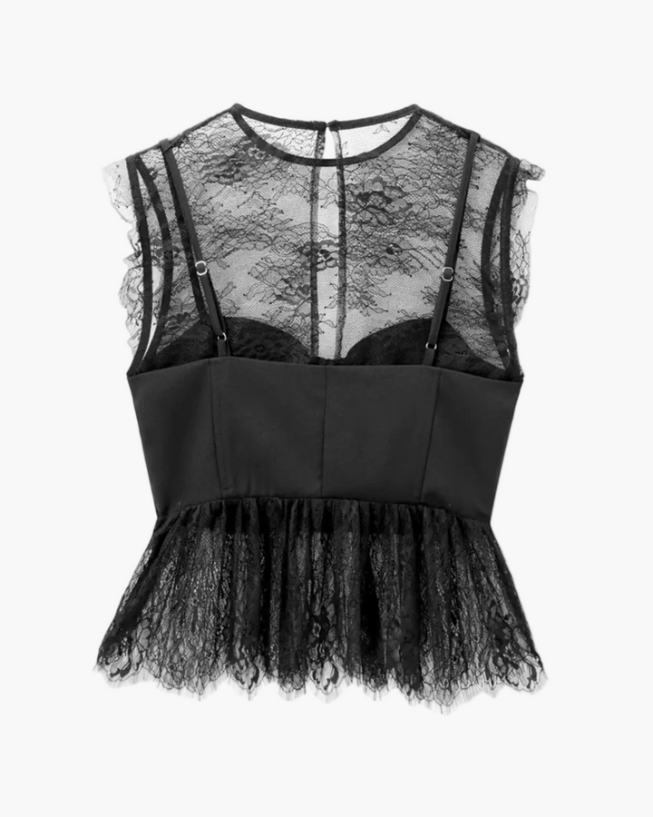 Chic women's corset style peplum blouse with delicate lace trim, ideal for elegant evenings & romantic parties.