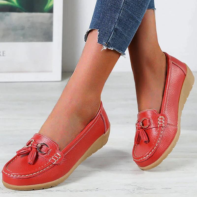 Detail shot of the stitching on these smart casual women's slip-on loafers.
