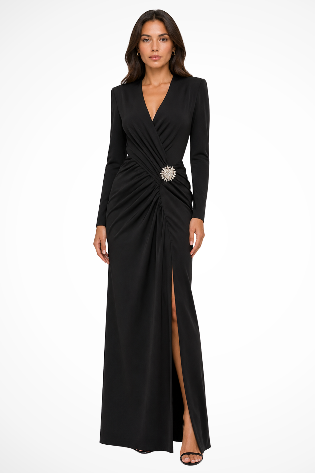 Elegant women's black long sleeve V-neck ruched maxi dress with side slit, perfect for formal events.