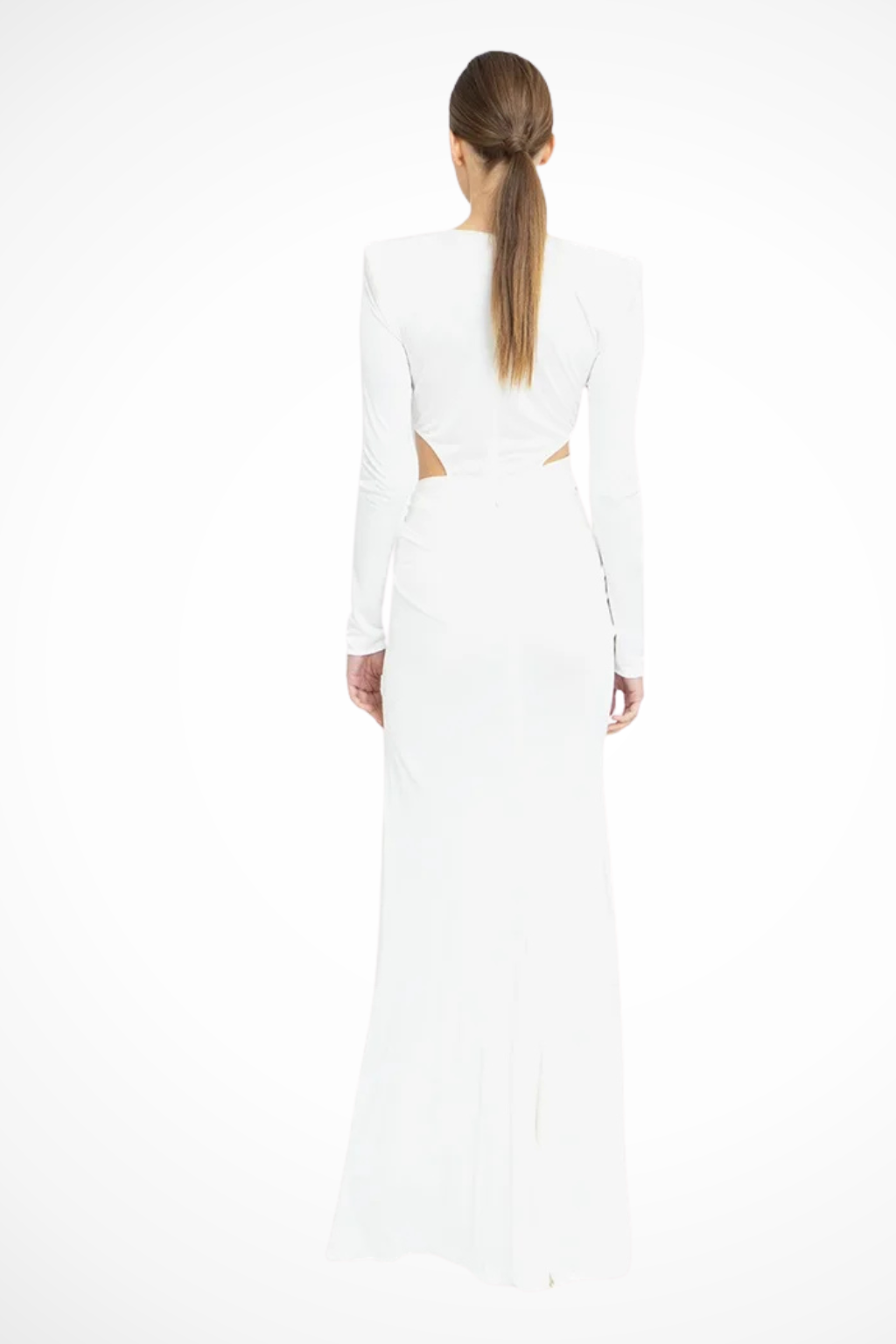 Formal black women's long sleeve V-neck ruched maxi dress with a sophisticated side slit, elegant evening wear.