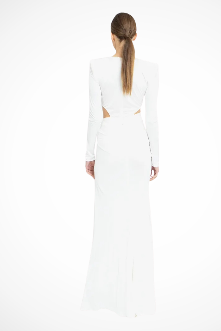Formal black women's long sleeve V-neck ruched maxi dress with a sophisticated side slit, elegant evening wear.