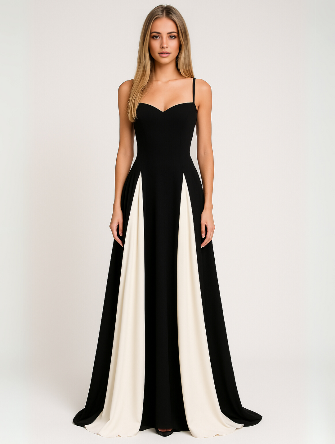 Elegant women's black maxi dress with a sophisticated contrast panel, perfect for formal evening wear & occasions.