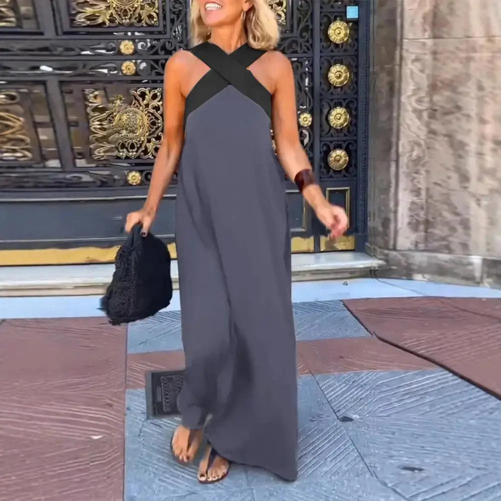 Women's elegant long party dress, chic cross neck & open back, ideal for formal events and special occasions.
