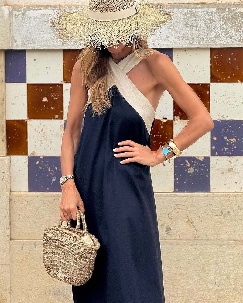 Chic women's long party dress, elegant cross neck design, ideal for formal wear and sophisticated style.