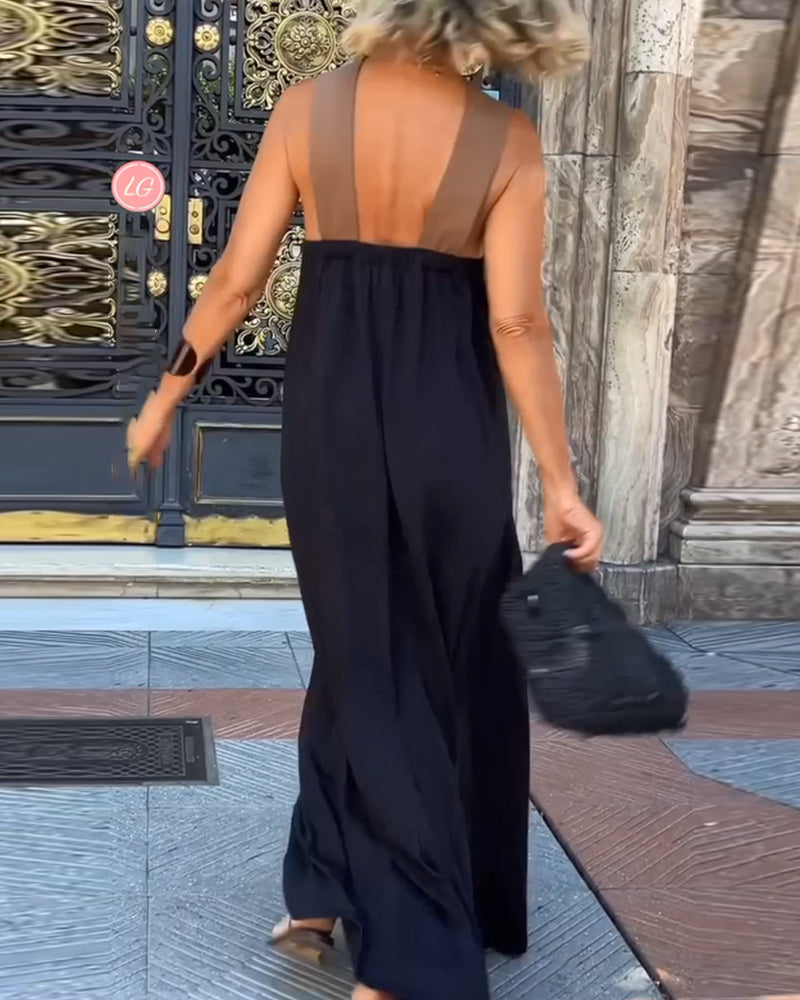 Sophisticated women's long maxi dress, elegant cross neck, ideal for special occasions and evening events.