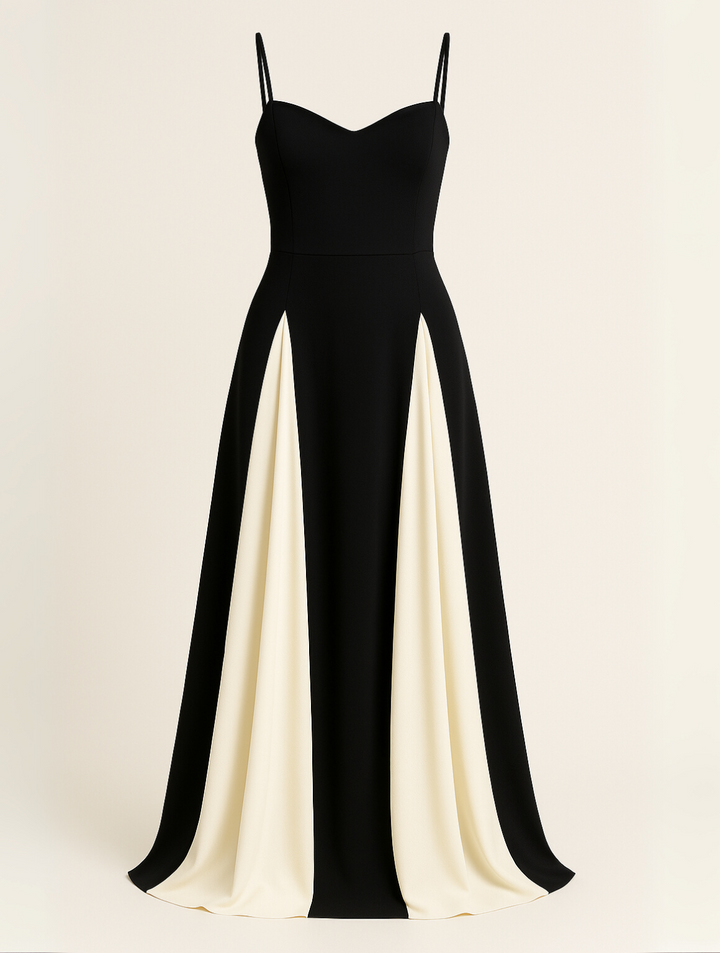 Women's elegant flowy maxi dress, featuring a striking contrast panel. A sophisticated choice for formal evening events.